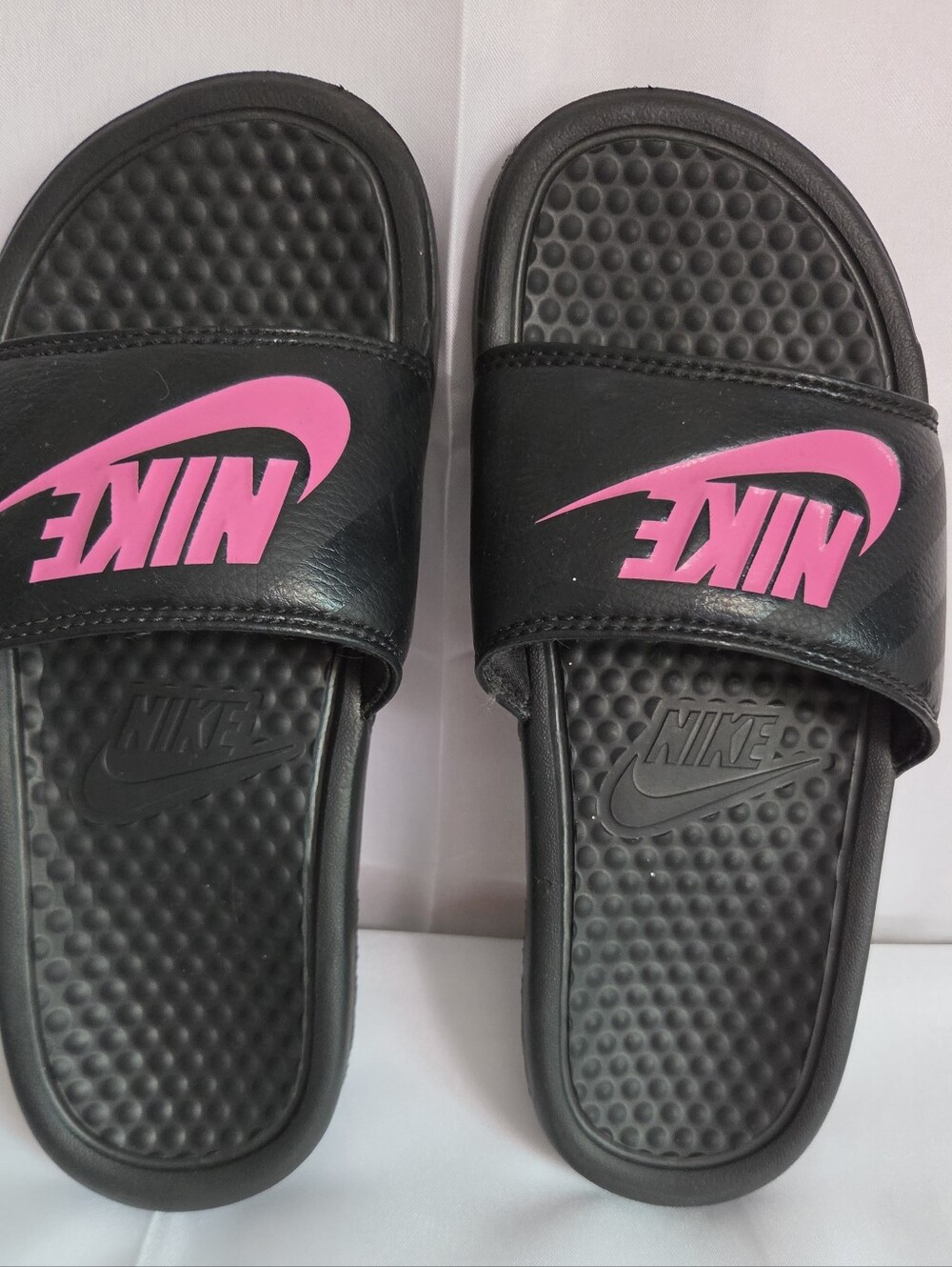 Nike Black Slide Sandals with Pink Logo. 5 1/2